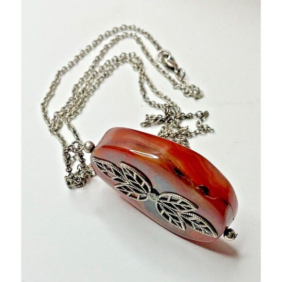 HM Silver Caramel Brown Black Oval Agate Stone Leaf Overlay Statement Necklace - Picture 5 of 8